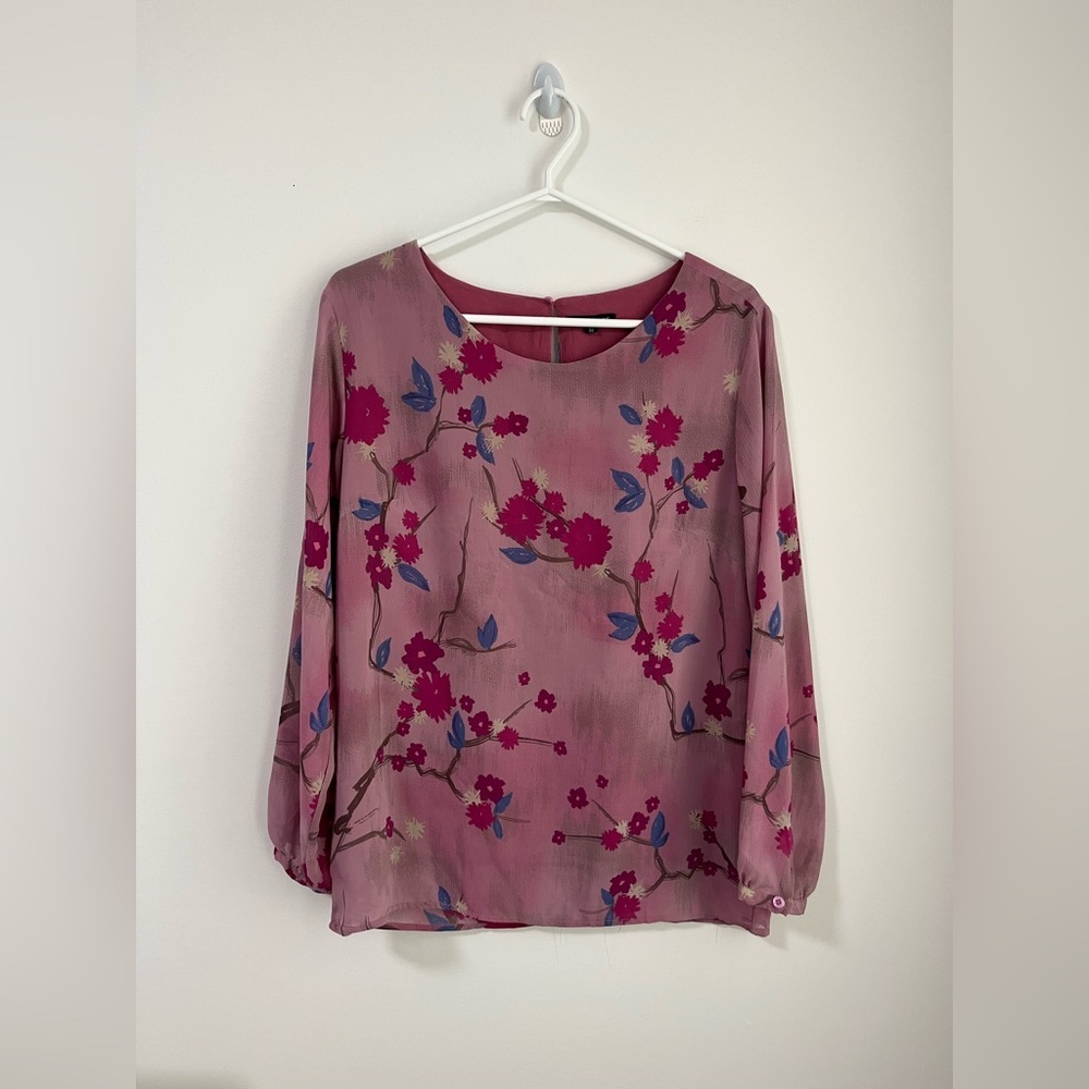 Women's Pink Purple Flowy Floral Blouse Long Sleeve Loose Top Lagenlook Size M